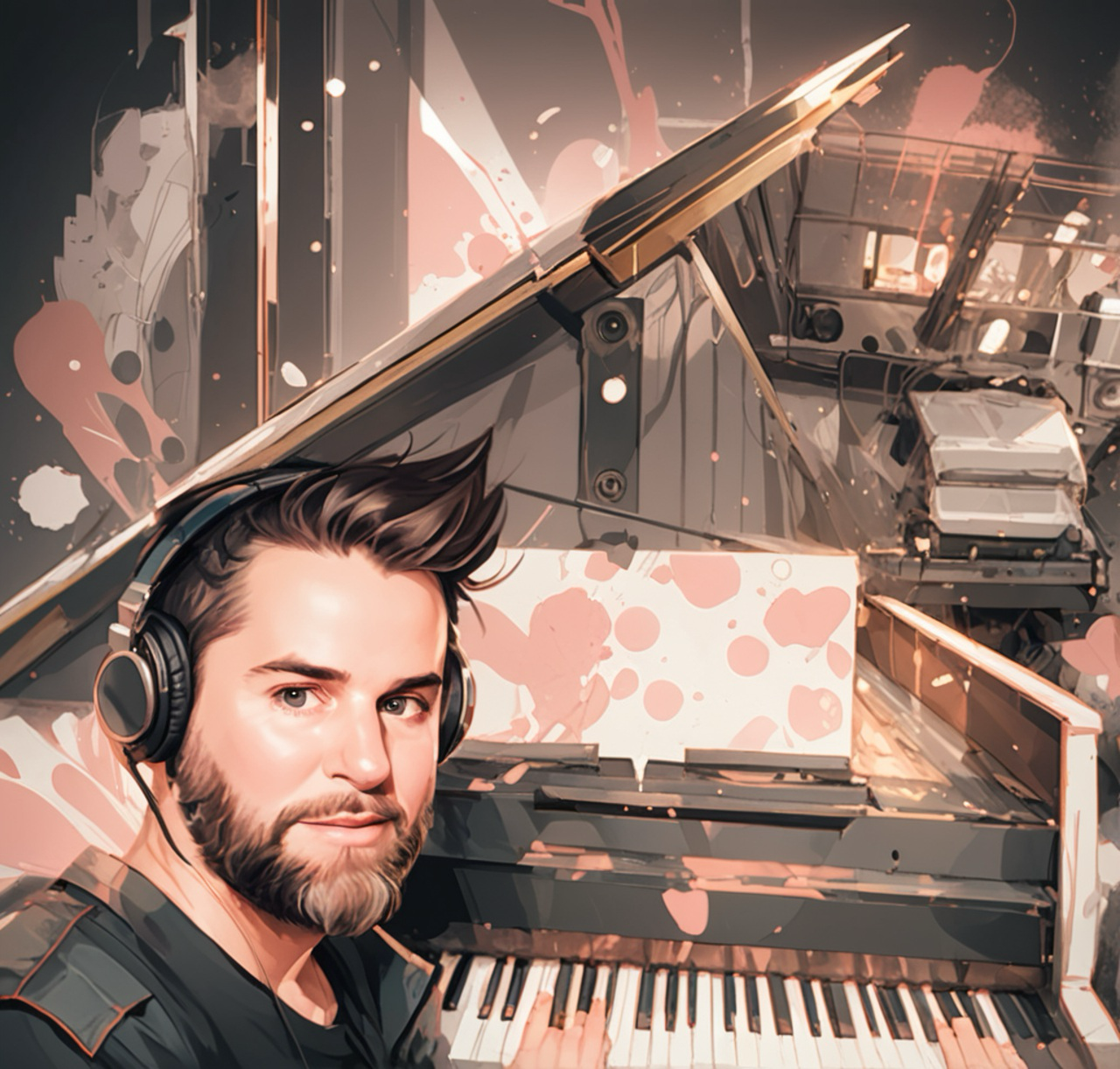 Stylized illustration of Dan at the piano with headphones